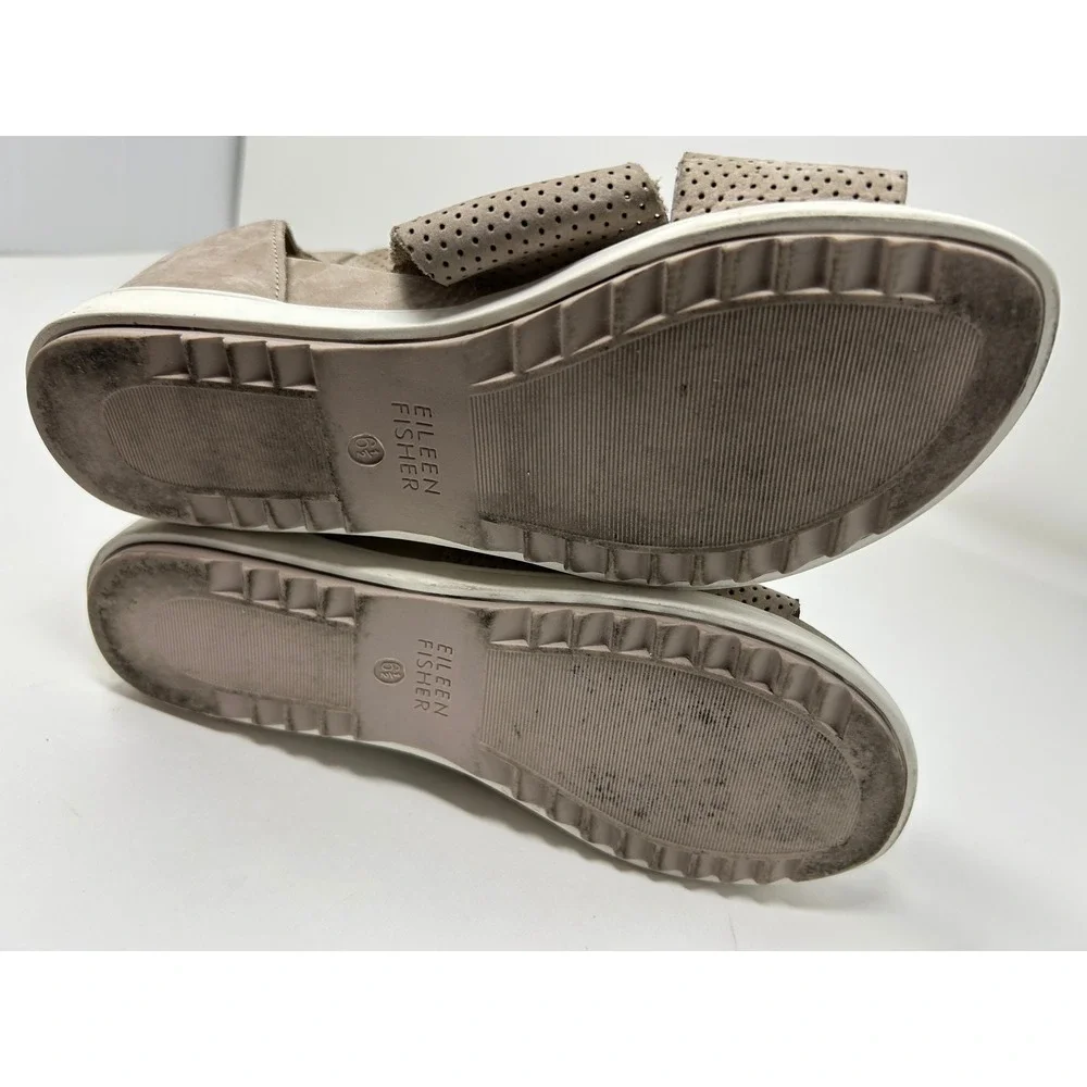 Eileen Fisher Taupe Perforated Suede Wedge Sandals Womens 6.5 Grey Wrap Back Zip